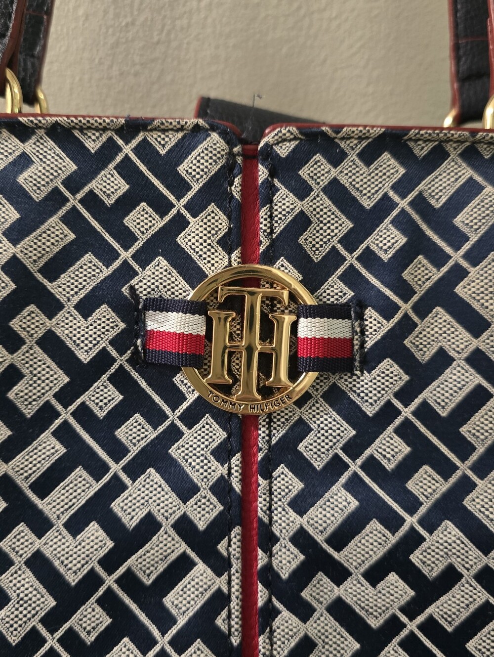 Tommy Hilfiger Navy Monogram Tote Bag with Red Trim